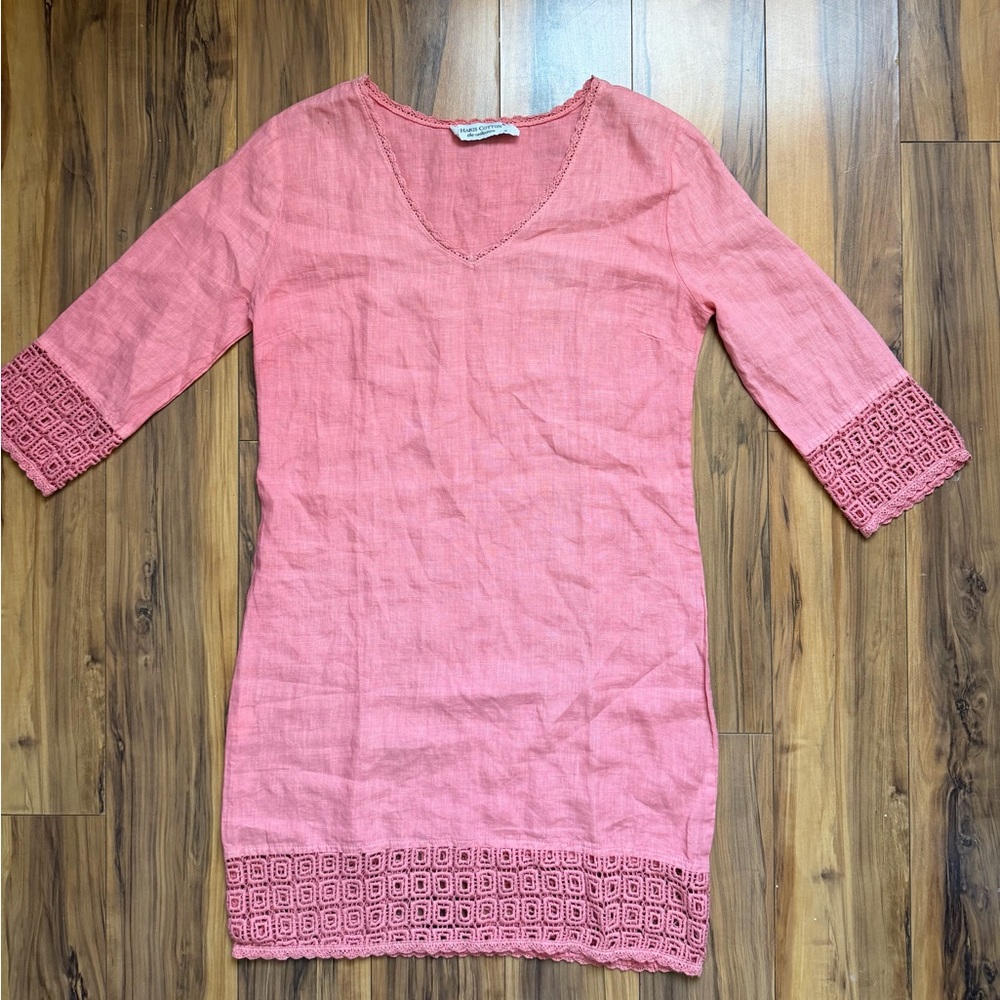 Haris cotton 100% linen Pink V-Neck Dress with Lace Trim